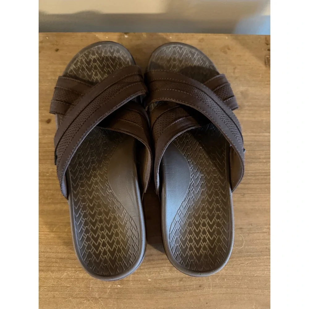 Vionic Mens‎ Bryce Slide Sandals Brown Leather Orthotic Cross Strap Shoes